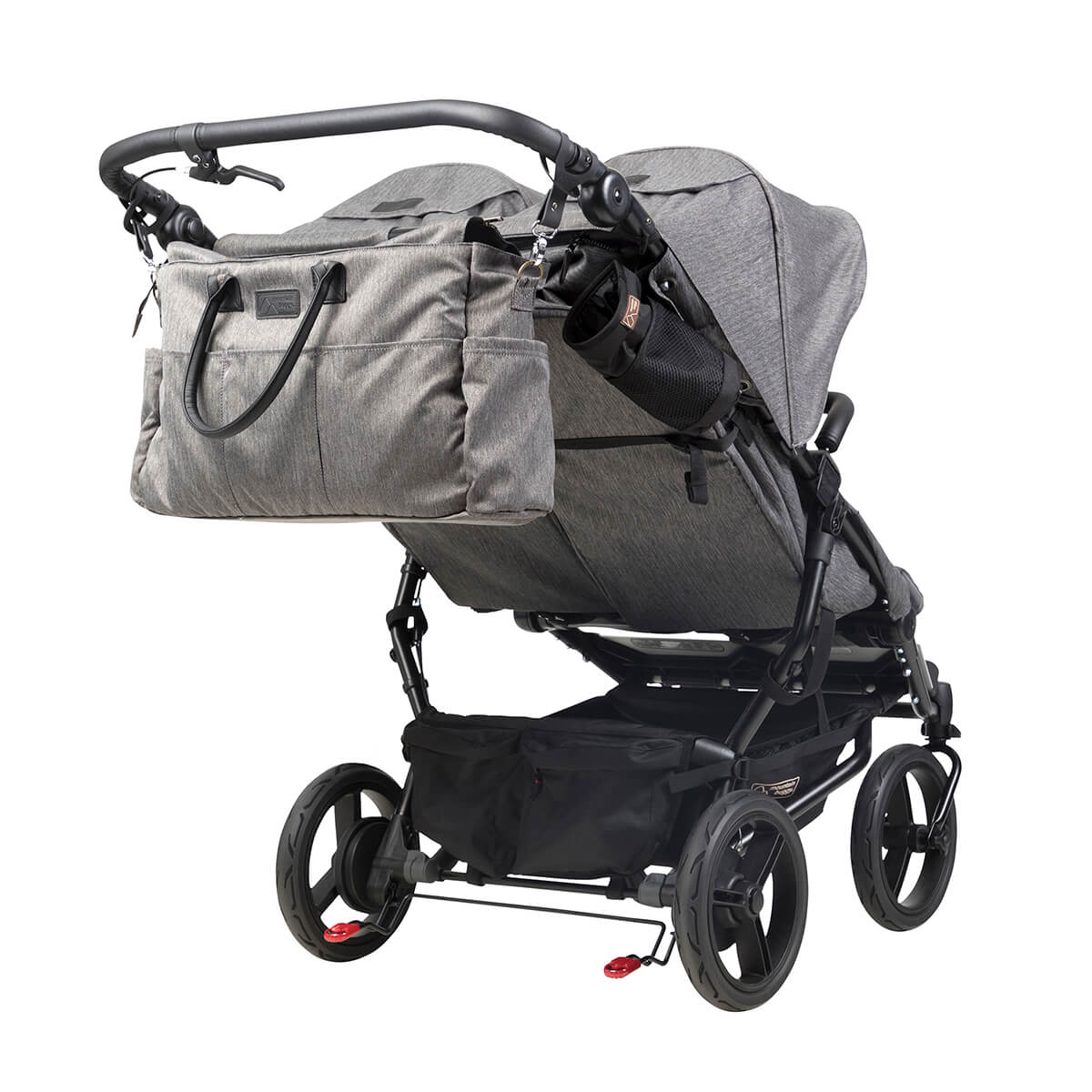 Mountain Buggy duet luxury collection buggy rear three quarter view with satchel_herringbone
