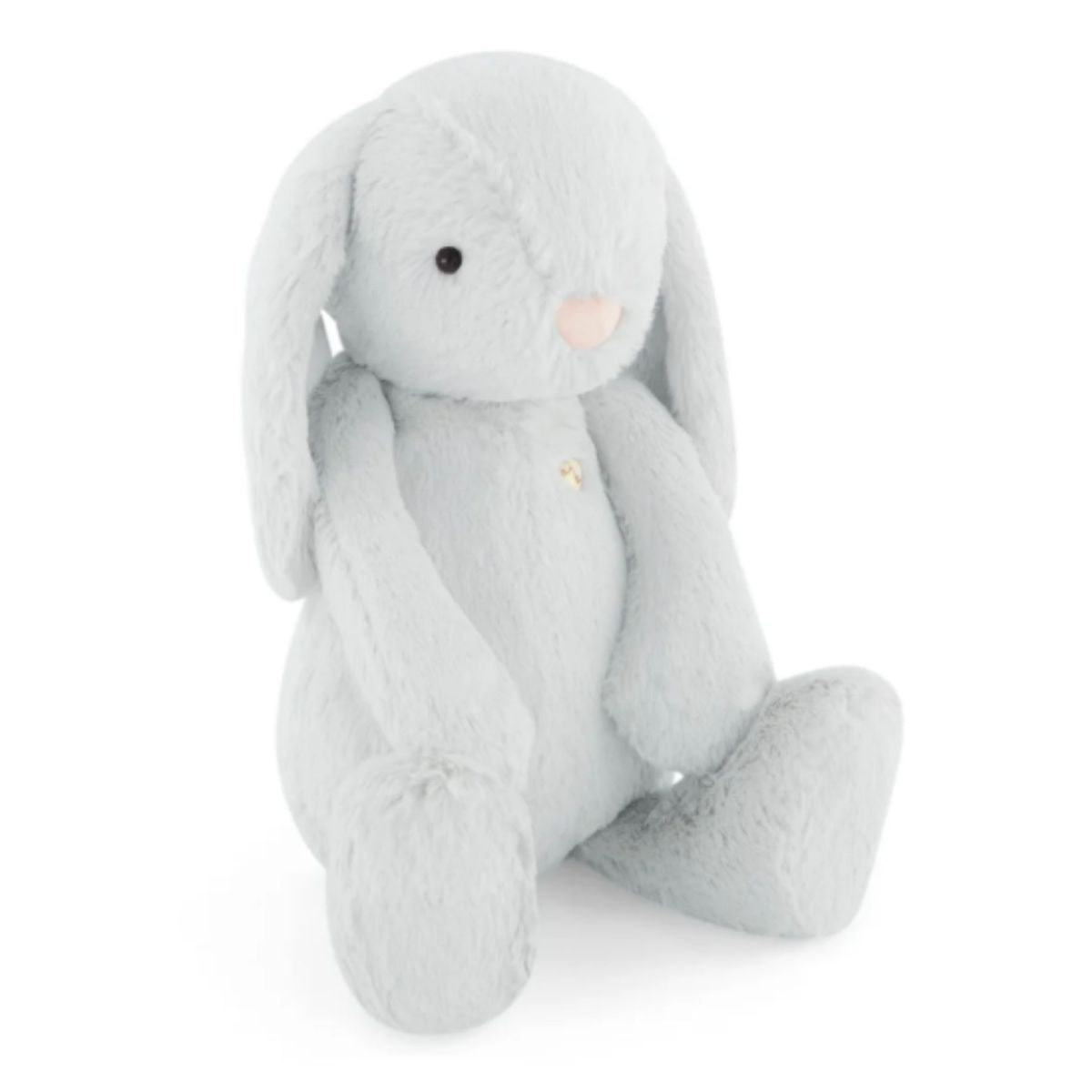 A soft, light gray plush bunny with long floppy ears, a pink nose, and black eyes sits upright on a white background.
