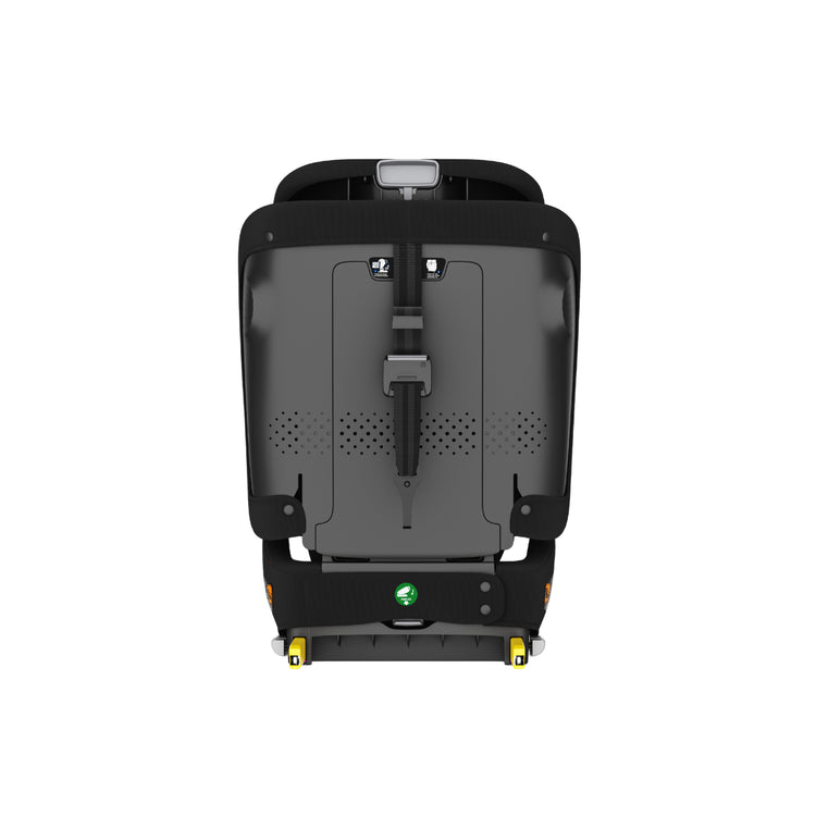 Back view of a black bicycle seat with branding on a white background