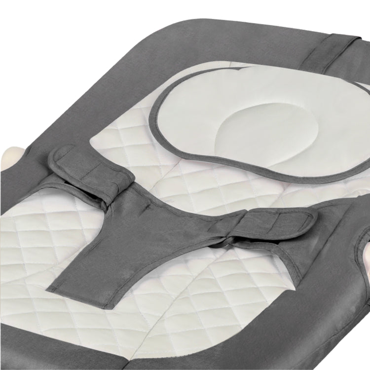 Gray baby bouncer with mesh window on a white background