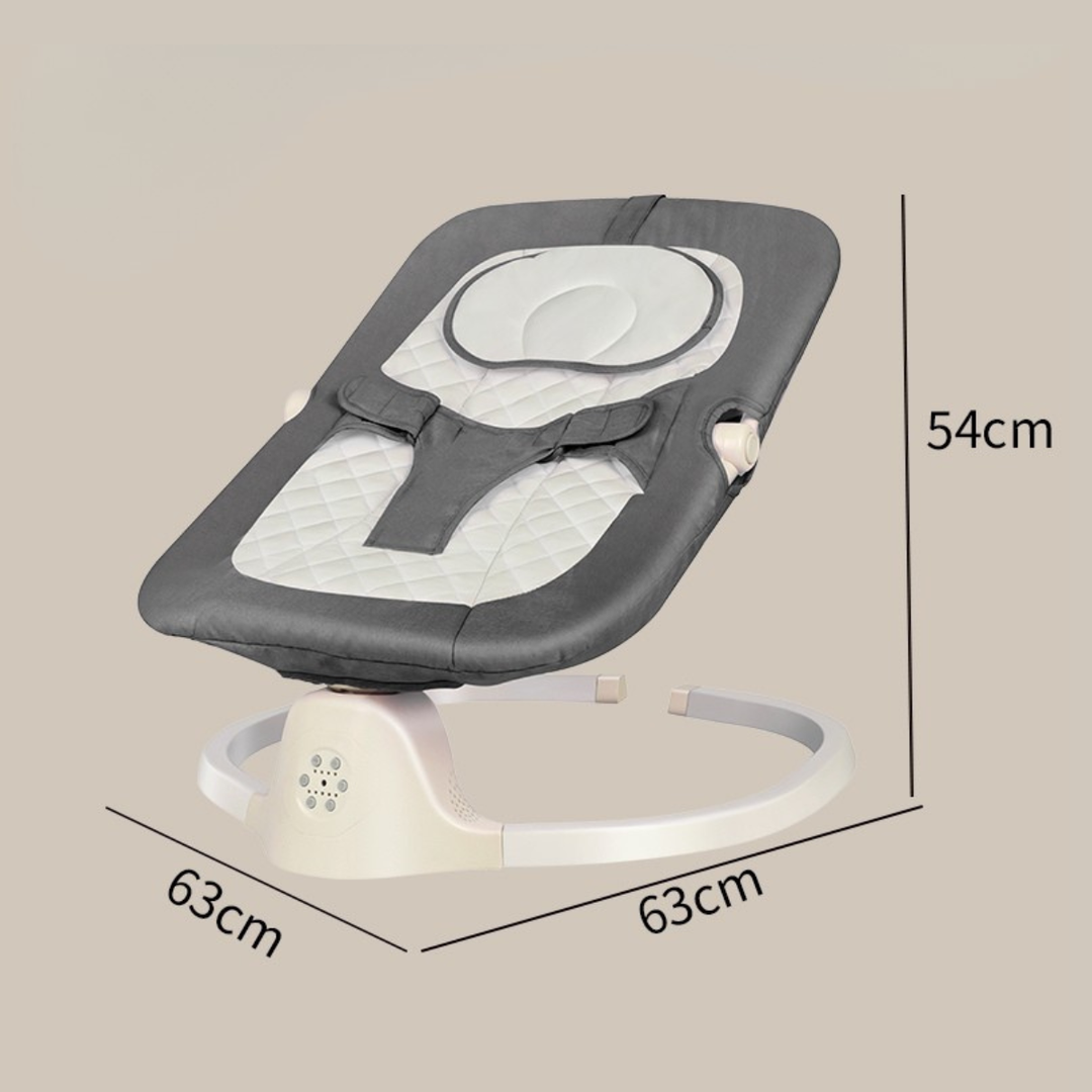 Baby bouncer with dimensions on a beige background