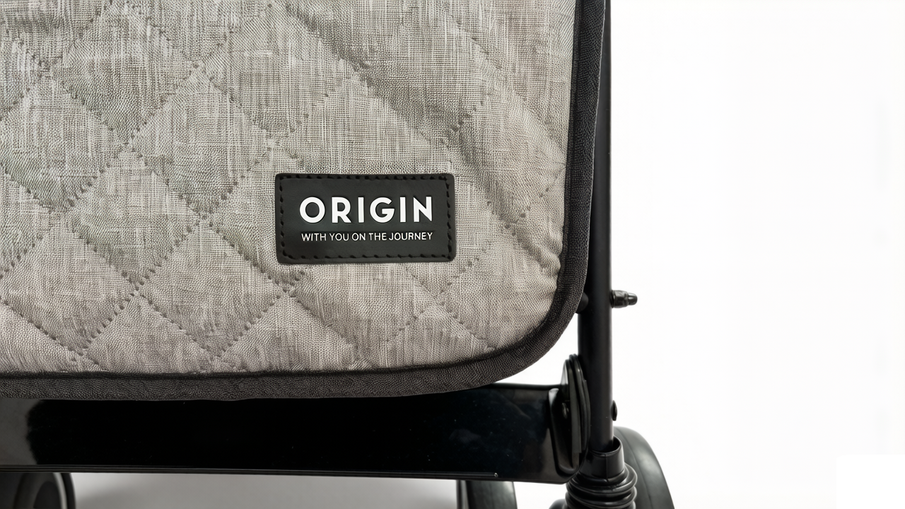 Close up of ORIGIN Bellbird fabric showing patterning and logo