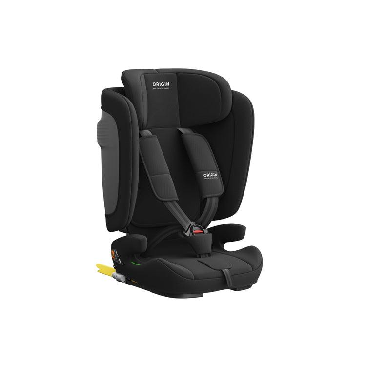 Black car seat with 'Origin' branding on a white background