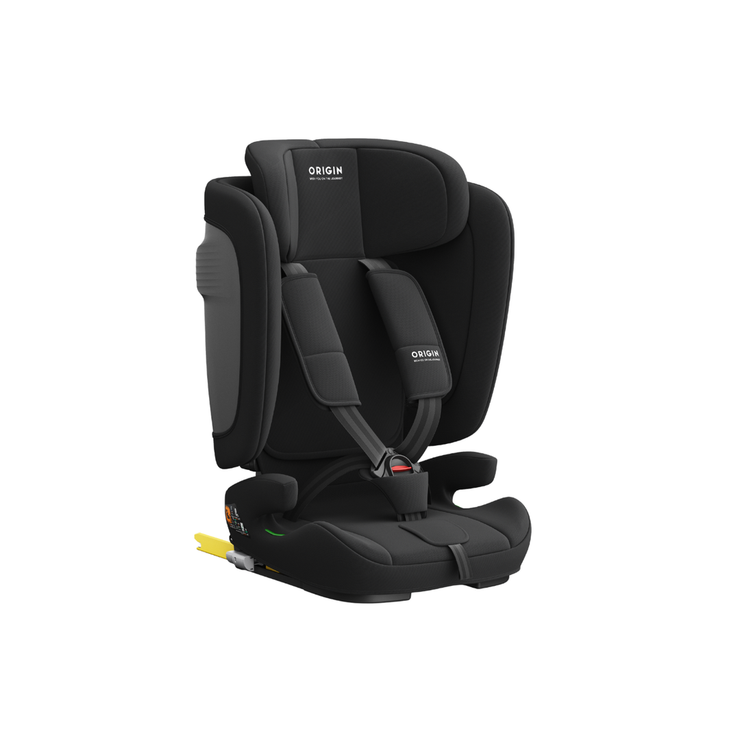 Black car seat with 'Origin' branding on a white background