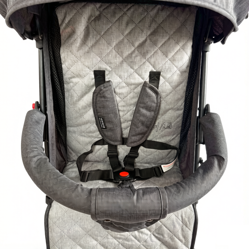 Close up of the ORIGIN Bellbird seat showing the 5 point harness, bumper bar, and cushioned liner
