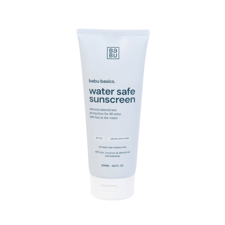 Babu Basics water safe sunscreen tube on a white background