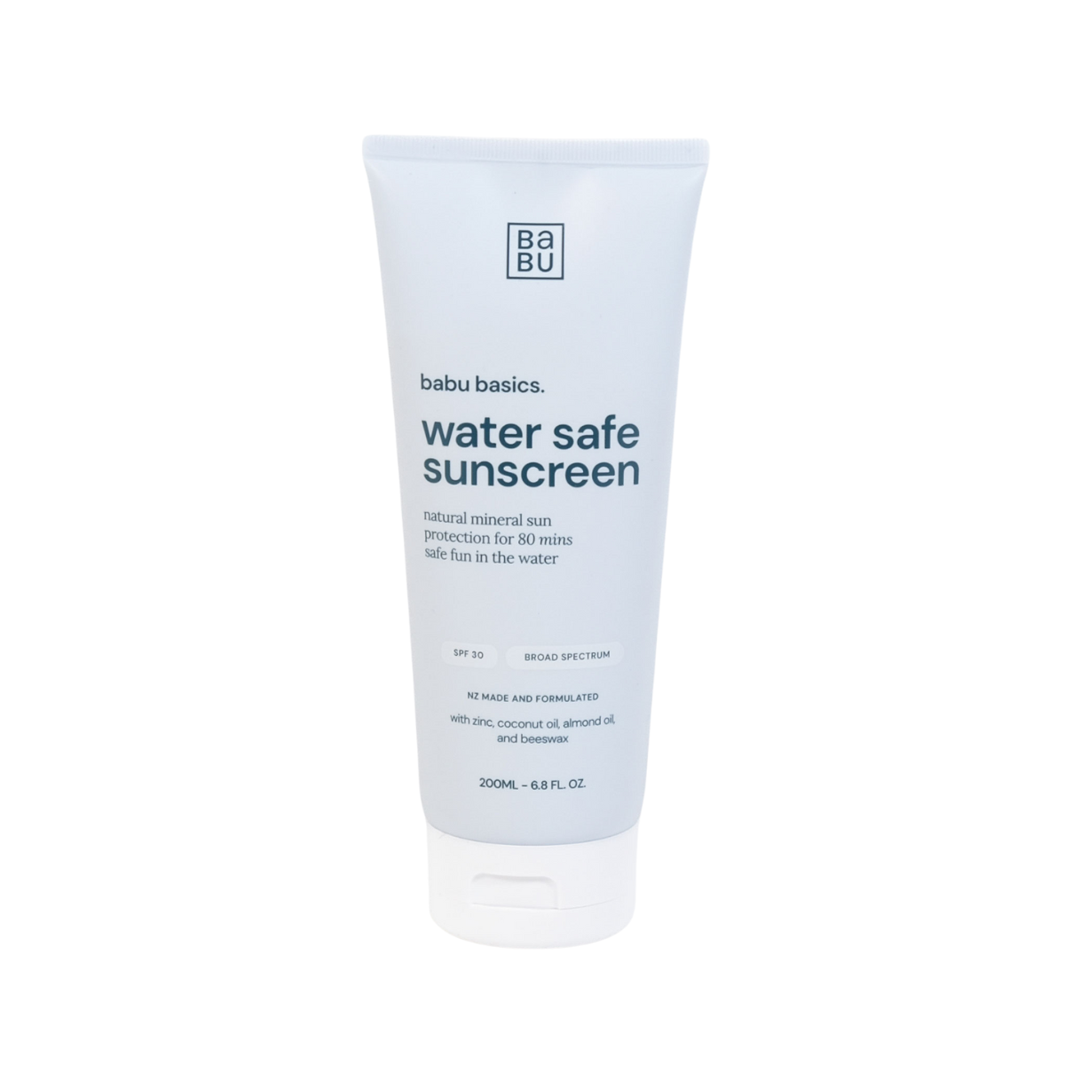 Babu Basics water safe sunscreen tube on a white background