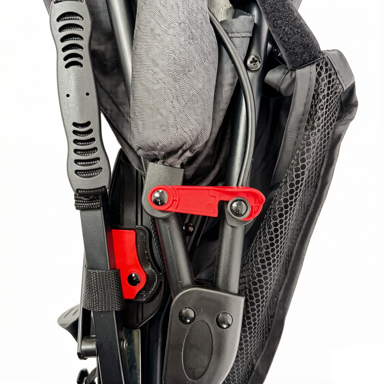 Close up of the ORIGIN Bellbird folding mechanism and locking pin to ensure safe transport