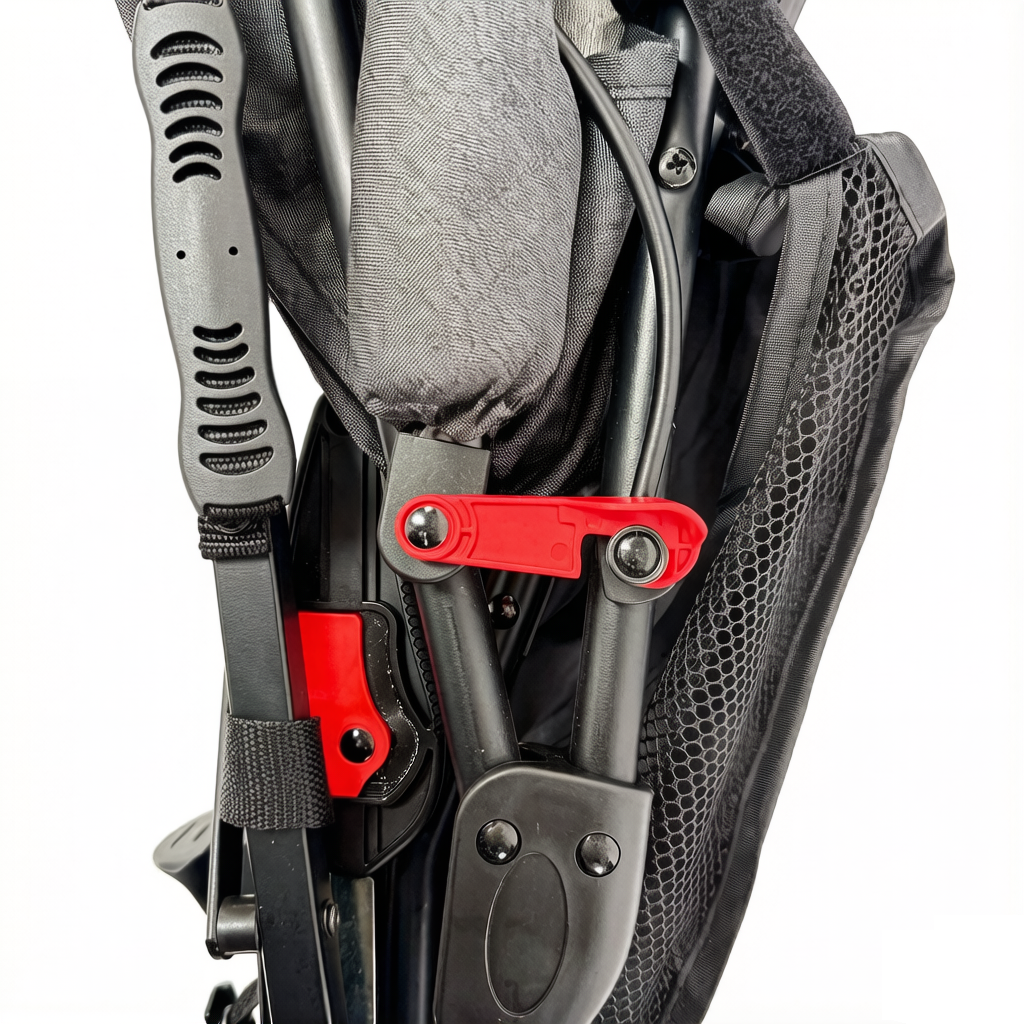 Close up of the ORIGIN Bellbird folding mechanism and locking pin to ensure safe transport