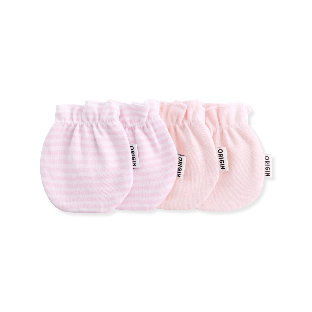 ORIGIN 100% cotton baby scratch mittens in pink and white stripe