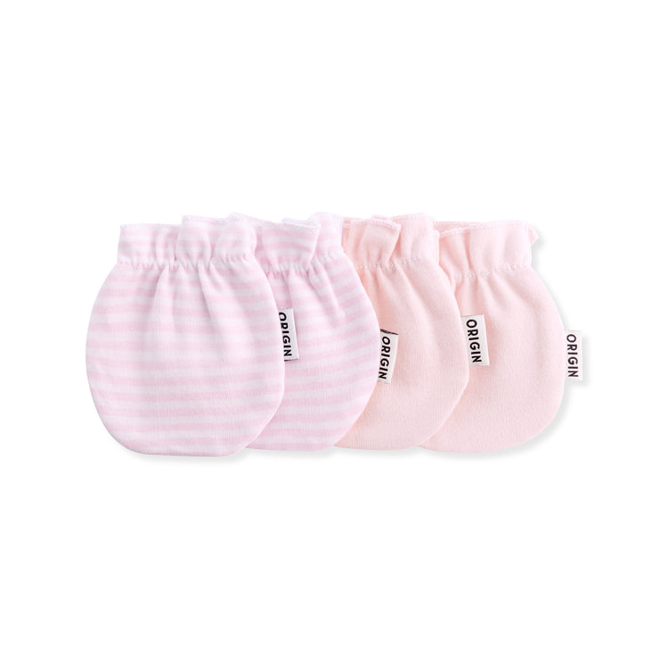 ORIGIN 100% cotton baby scratch mittens in pink and white stripe