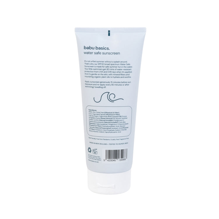 Tube of babu basics water safe sunscreen on a white background