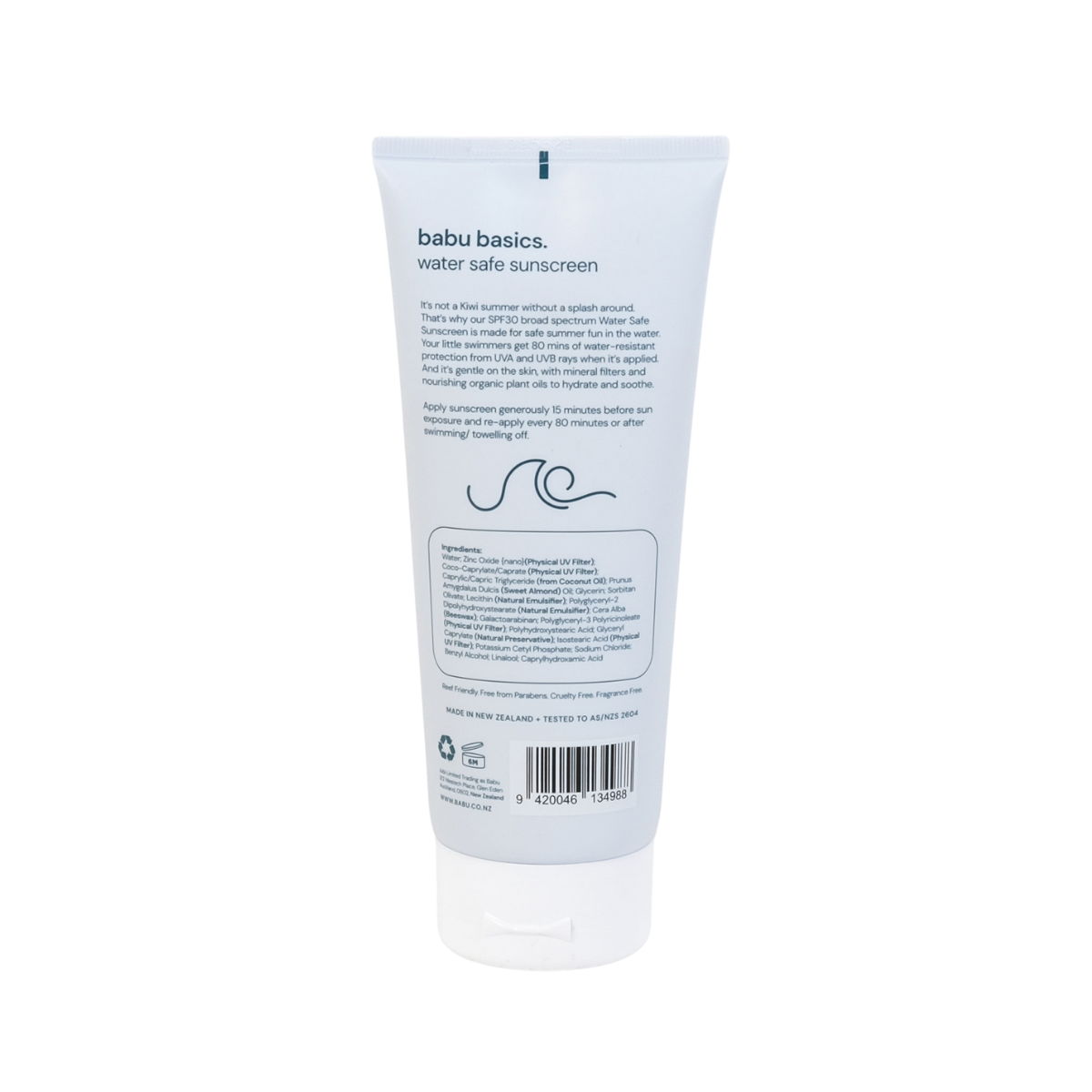Tube of babu basics water safe sunscreen on a white background