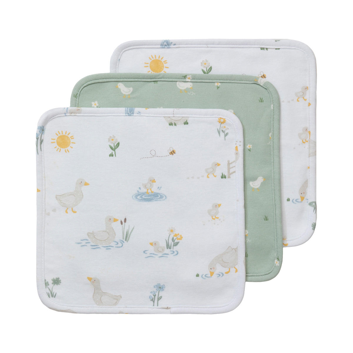 Living Textiles Goosey Goosey - Wash Cloths 3pk Sage White from Living Textiles NZ stock babycity