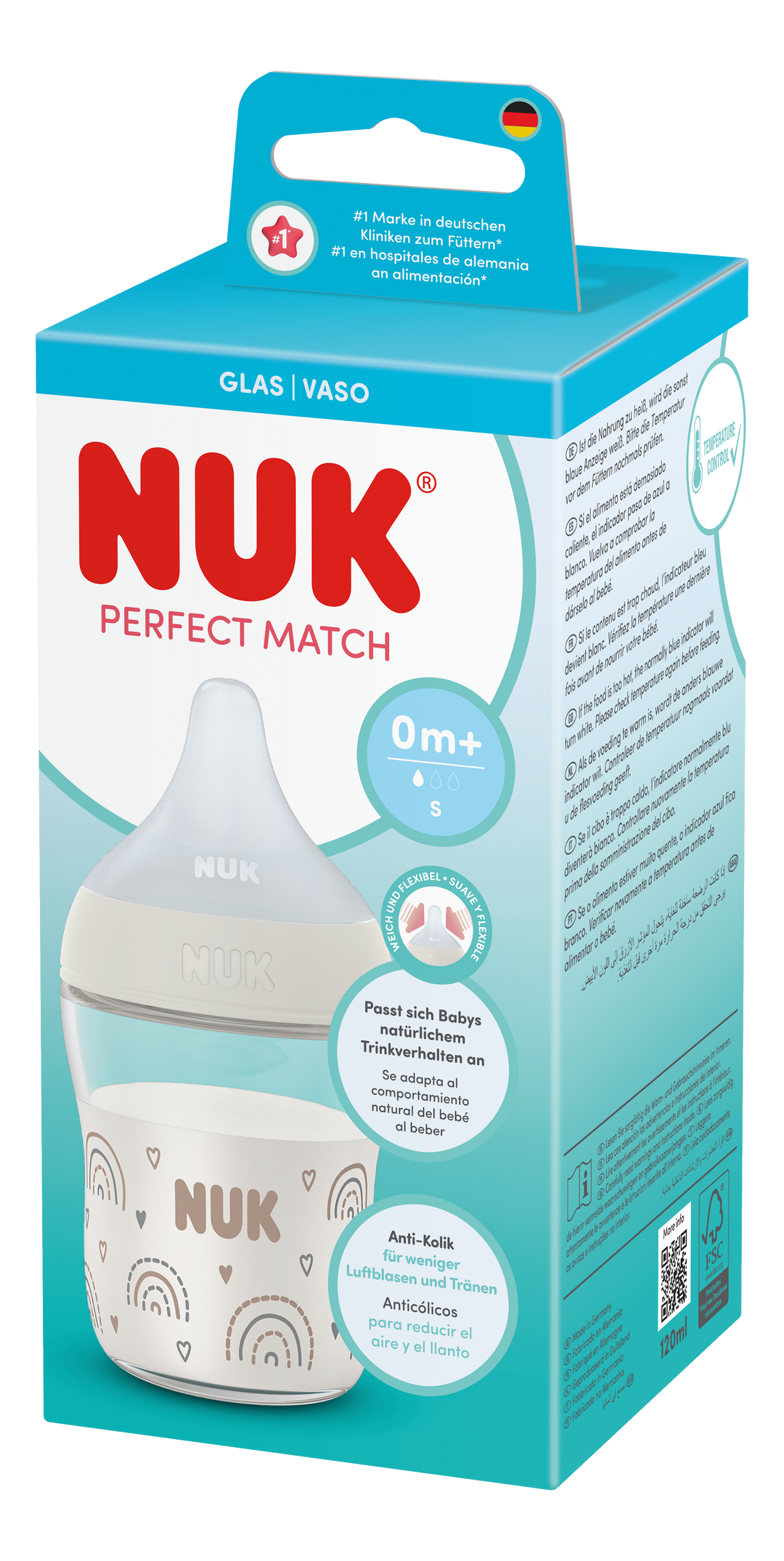 NUK Perfect Match Glass Bottle 120ml / 0m+ S Teat