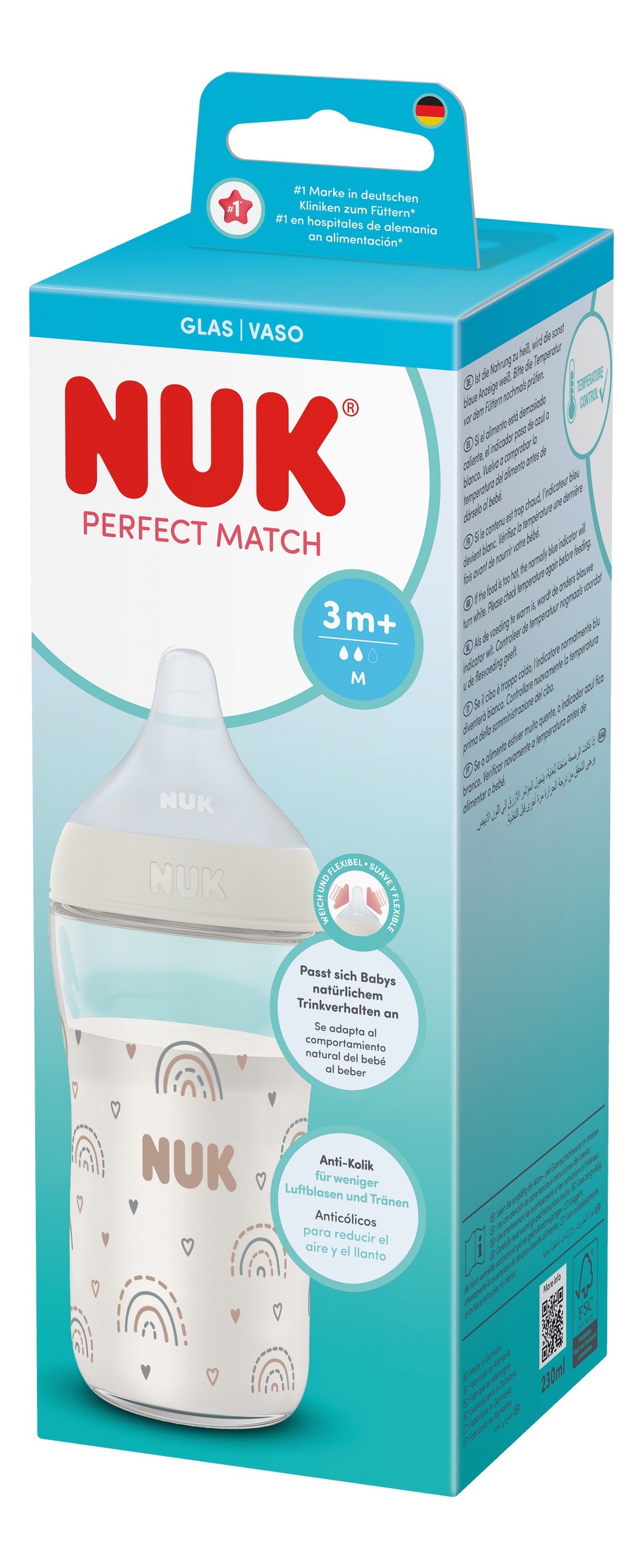 NUK Perfect Match Glass Bottle 230ml / 3m+ M Teat