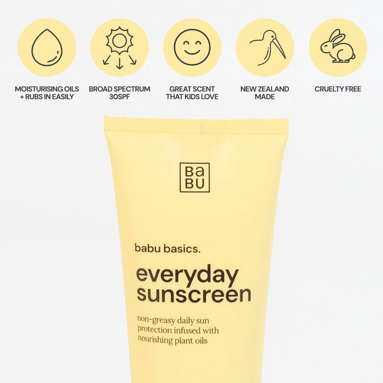 Babu Basics everyday sunscreen tube with icons and text on a white background
