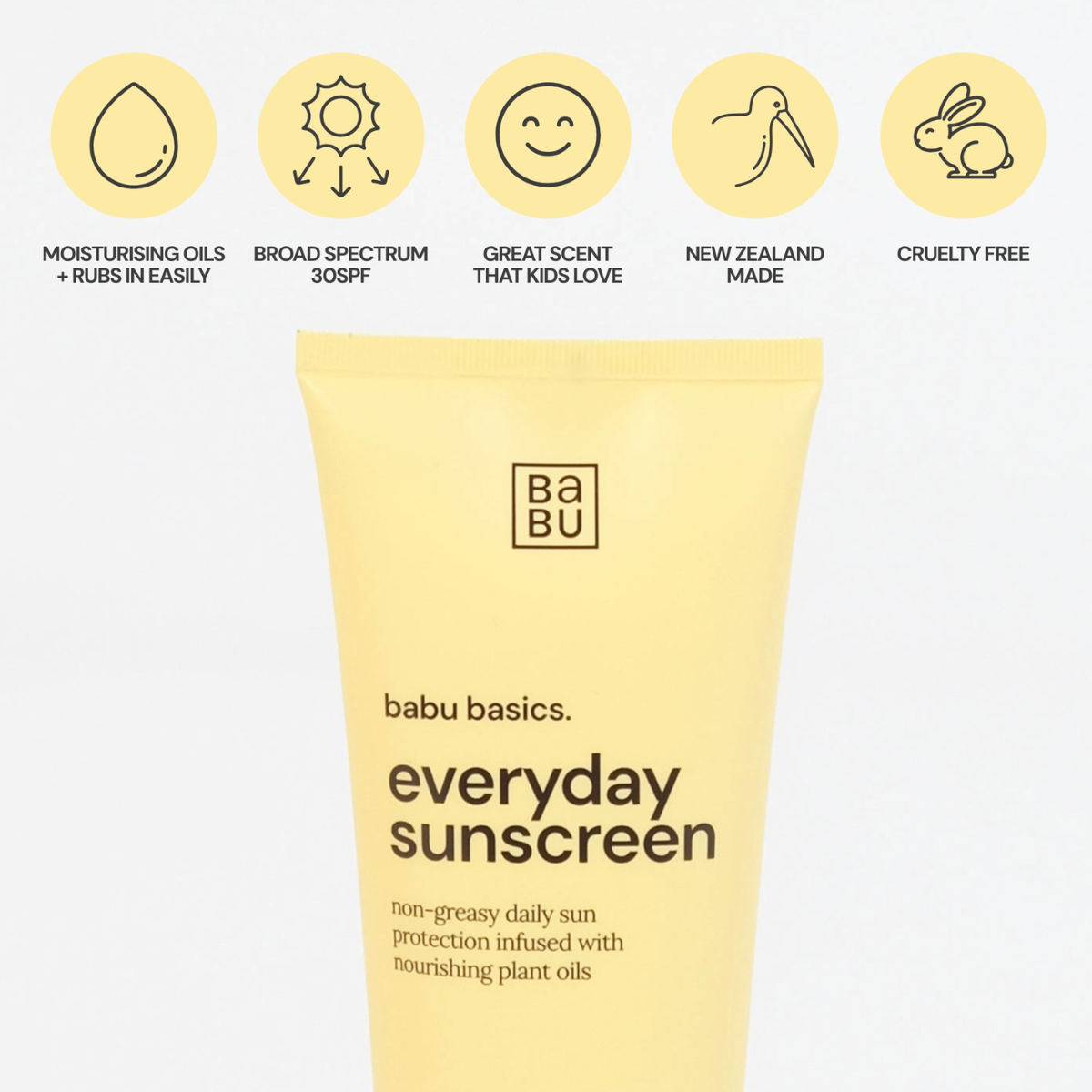 Babu Basics everyday sunscreen tube with icons and text on a white background