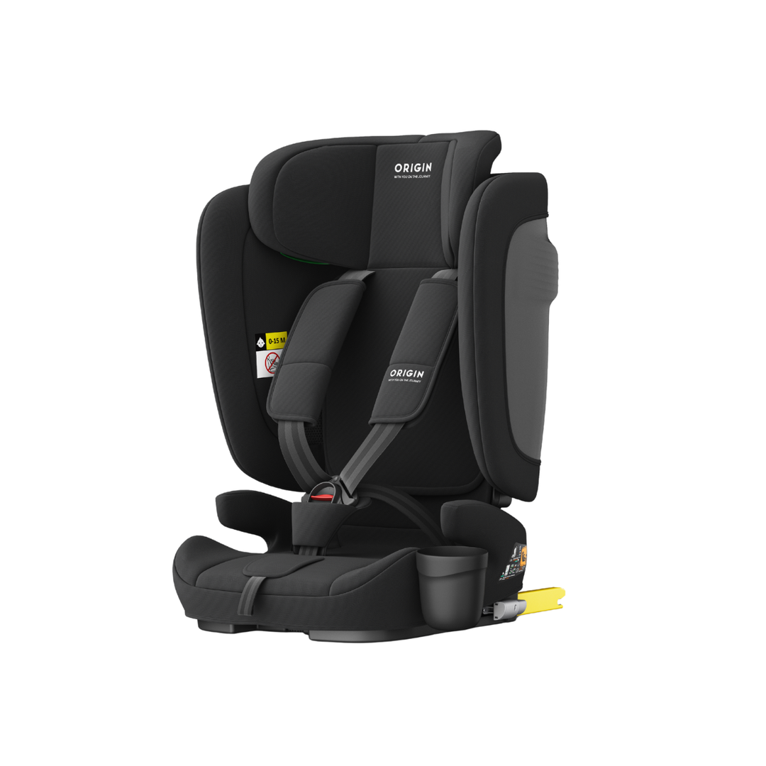 Black car seat with 'Origin' branding on a white background