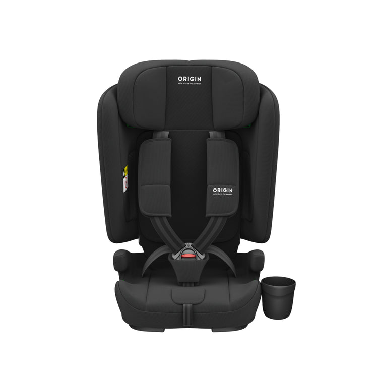 Black car seat with 'Origin' branding on a white background