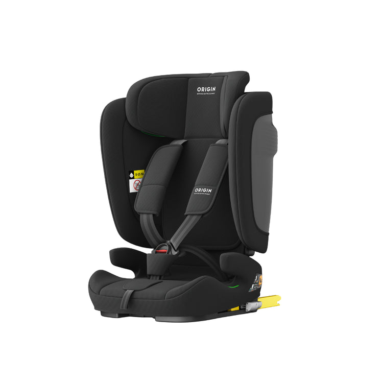 Black car seat with 'Origin' branding on a white background