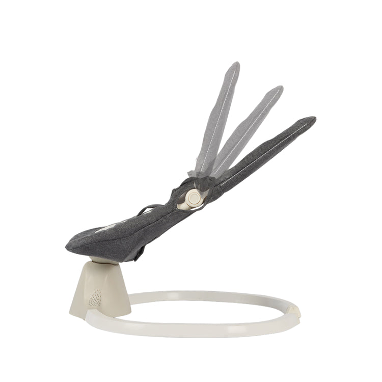 Baby bouncer with gray canopy and white base on a white background