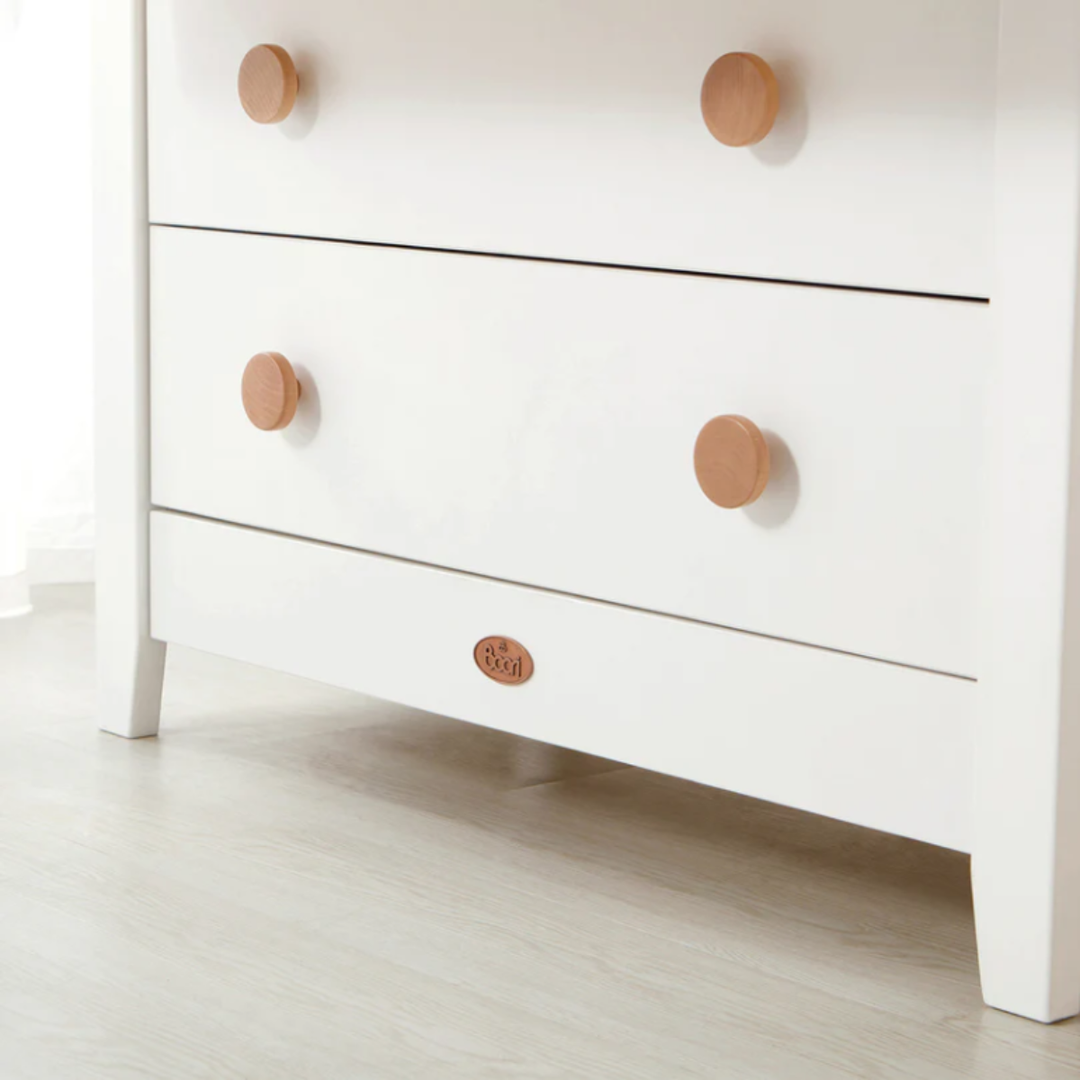 White Boori 3 draw dresser with wooden accents details