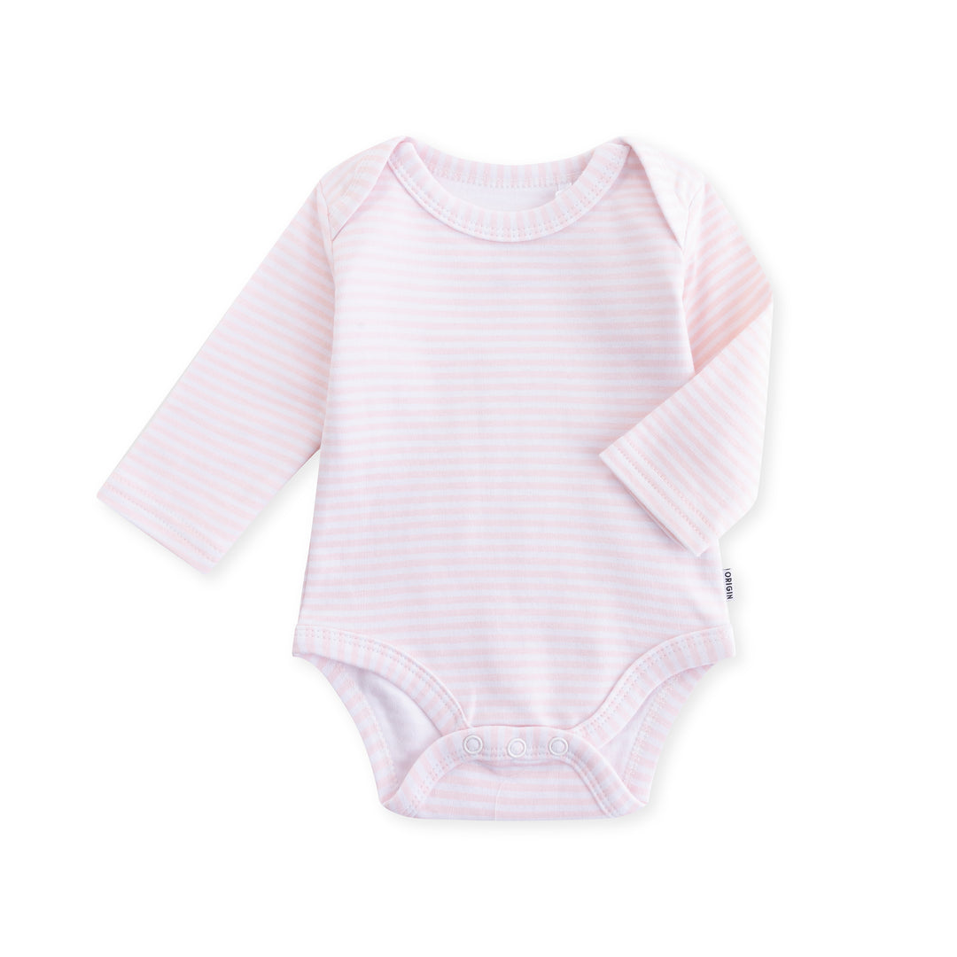 ORIGIN long sleeved baby bodysuit in pink and white stripe with dome closure