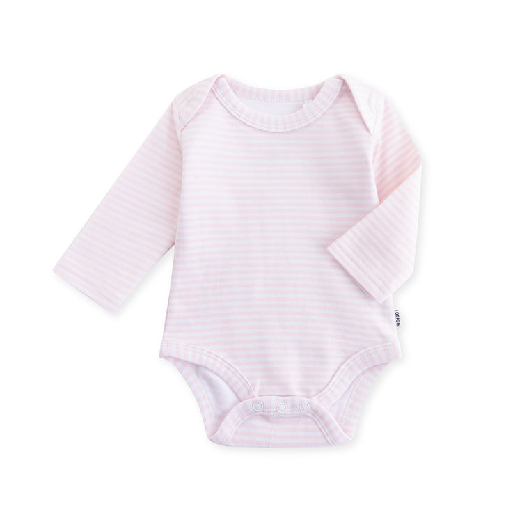 ORIGIN long sleeved baby bodysuit in pink and white stripe with dome closure