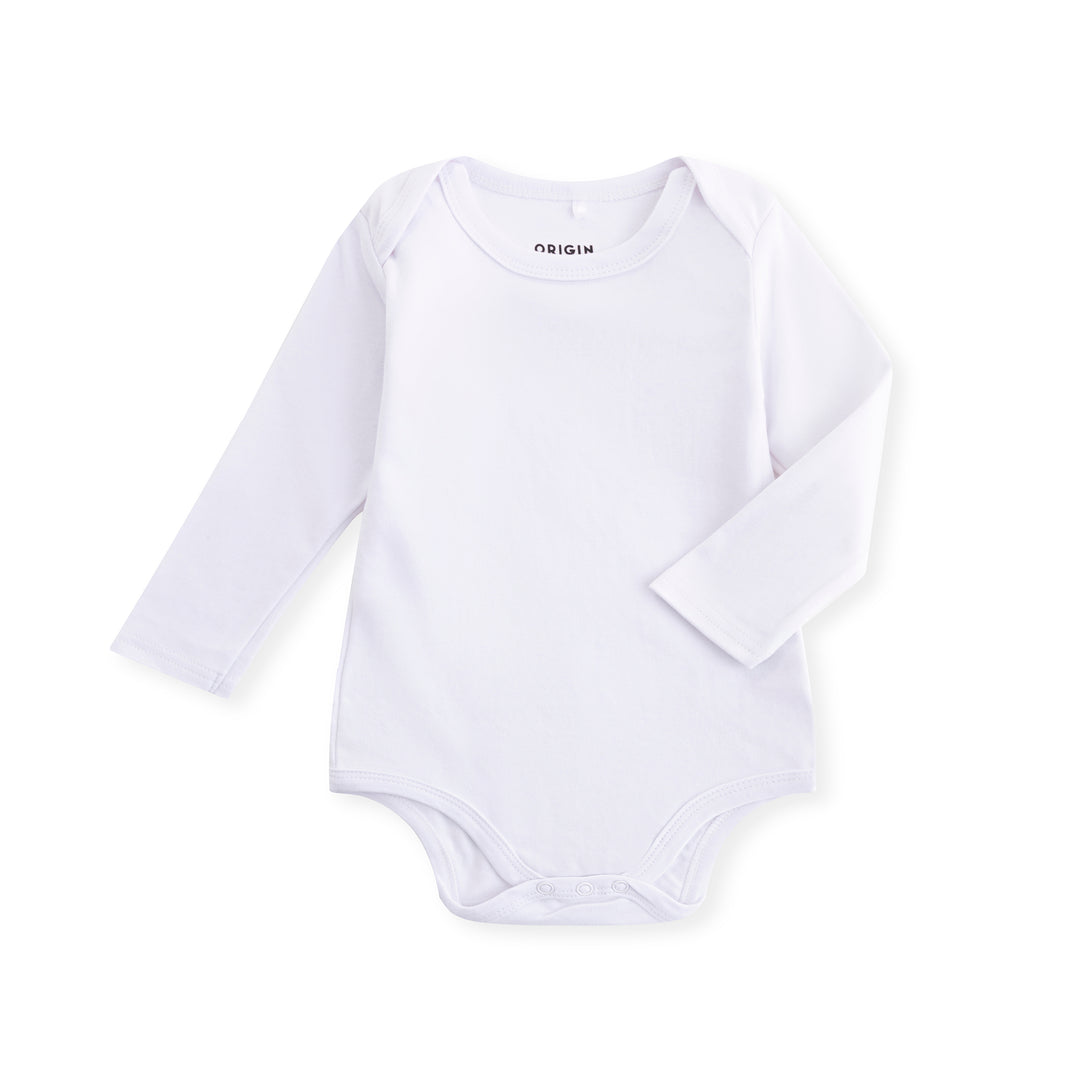 ORIGIN long sleeved baby bodysuit in solid white with dome closure