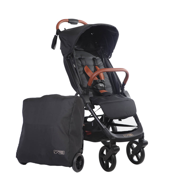 Full angled shot of the Mountain Buggy nano urban in black shown against a white background