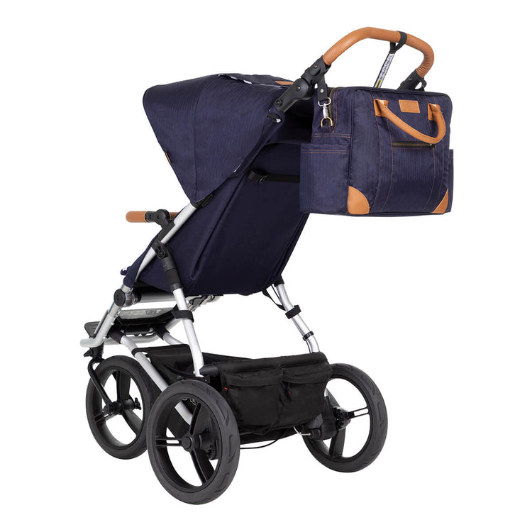 Mountain Buggy urban jungle luxury collection buggy three rear quarter view with satchel_nautical