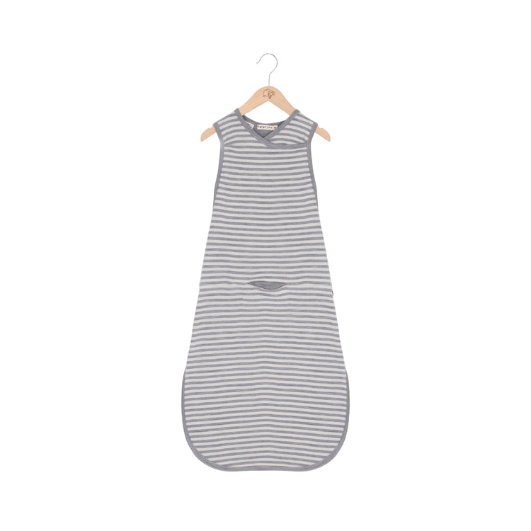 Striped baby sleeping bag on a hanger against a white background