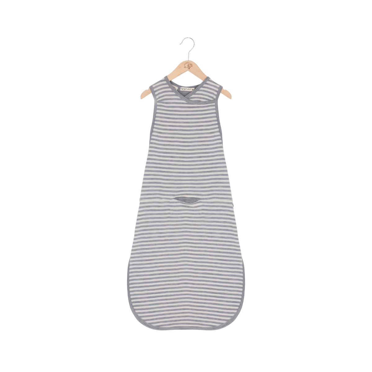 Striped baby sleeping bag on a hanger against a white background