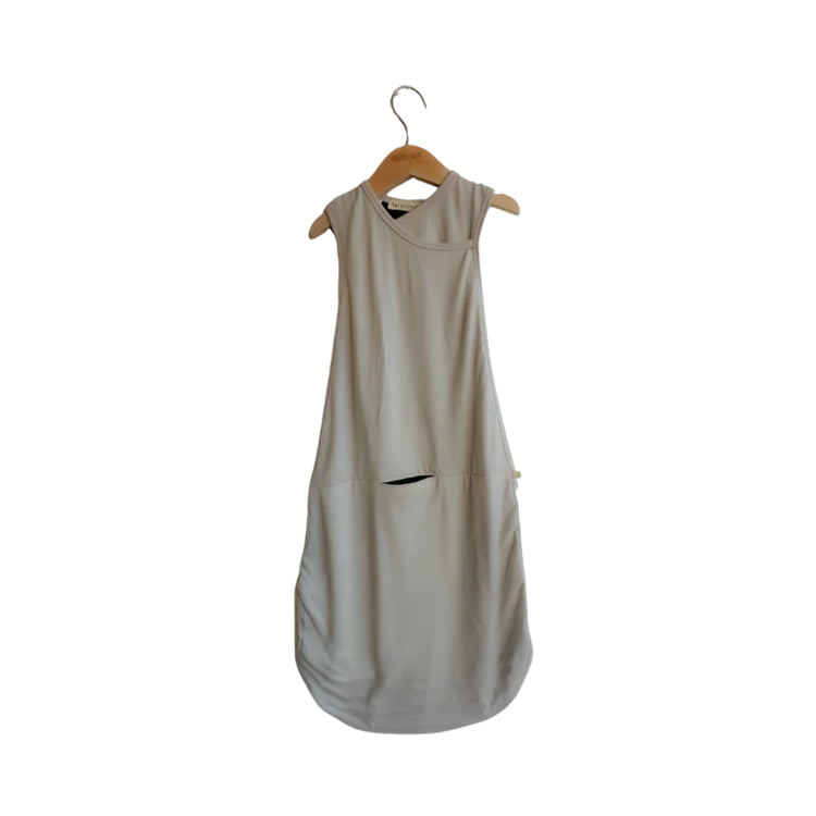 Beige sleeveless dress on a wooden hanger against a white background