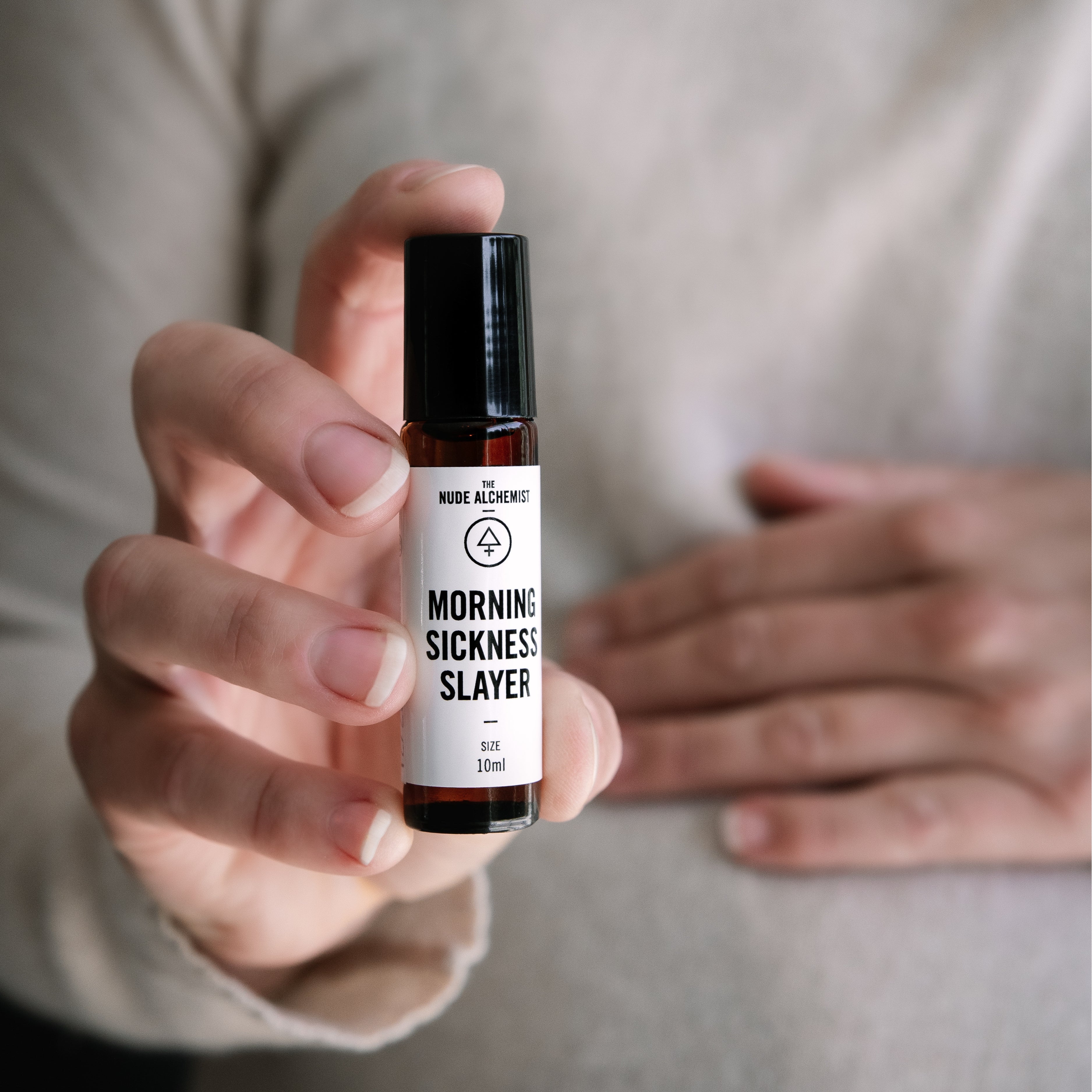 The Nude Alchemist Morning Sickness Slayer 10ml – natural roll-on aromatherapy nausea relief for pregnancy and morning sickness.