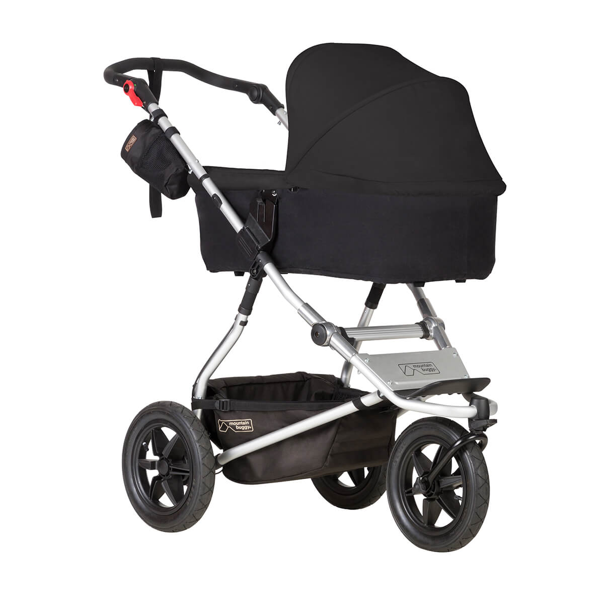 Mountain Buggy carrycot plus on urban jungle buggy in lie flat mode three quarter view in colour black_black