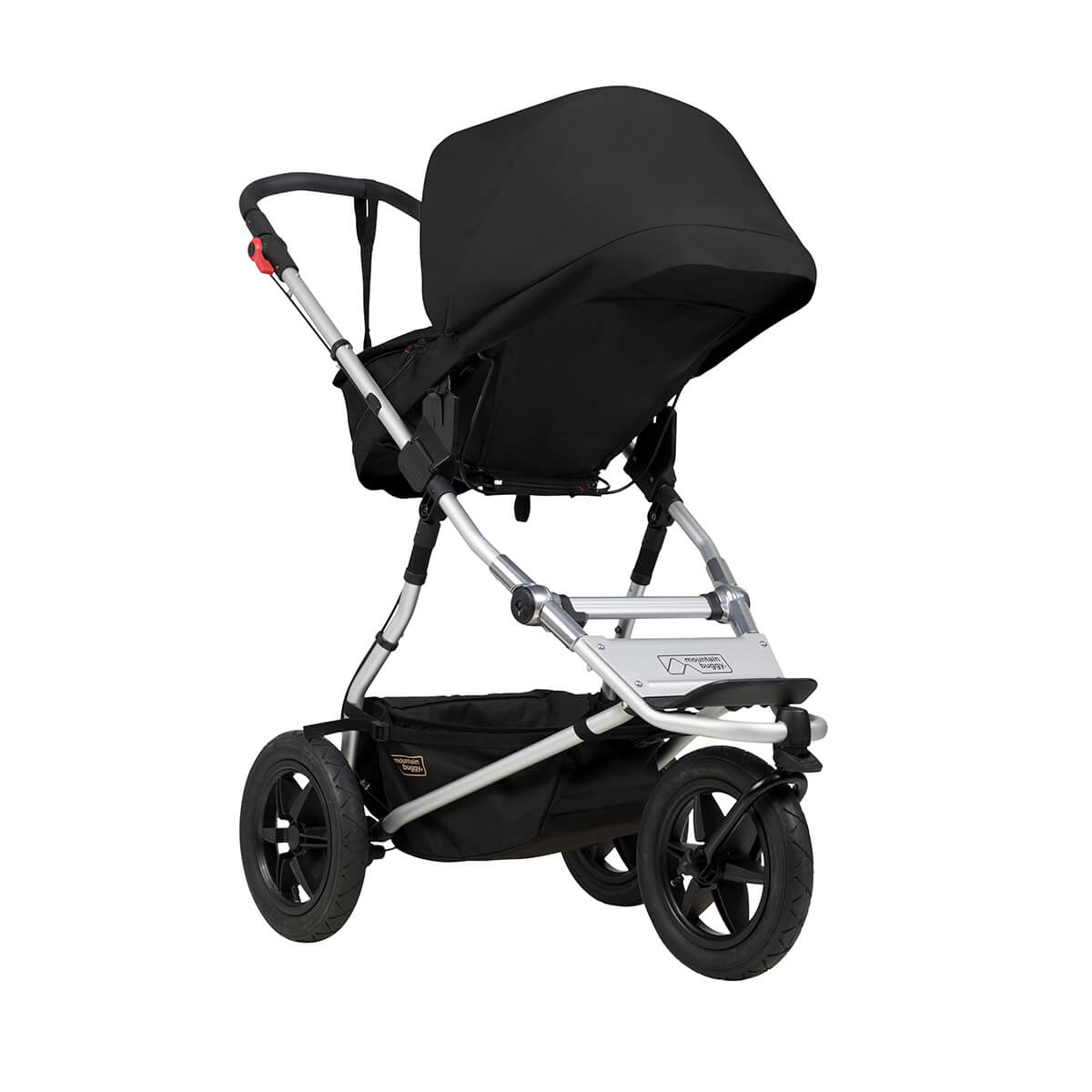 Mountain Buggy carrycot plus on urban jungle buggy in parent facing seat mode three quarter view in colour black_black