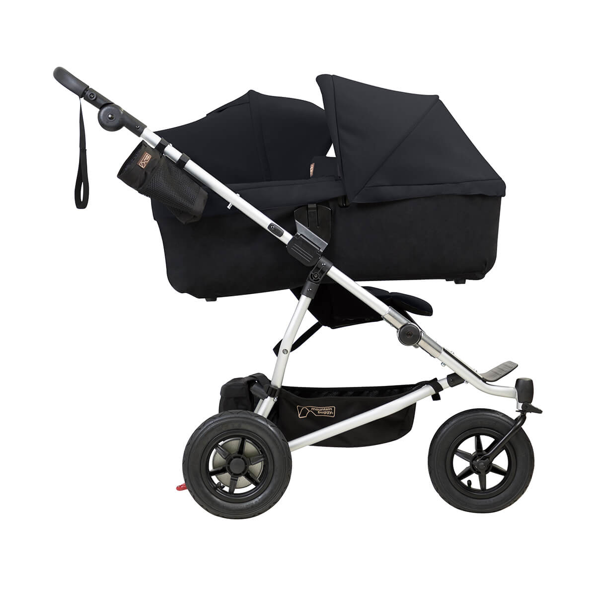 mountain buggy duet with one carrycot plus in lie flat mode side view shown in color black_black