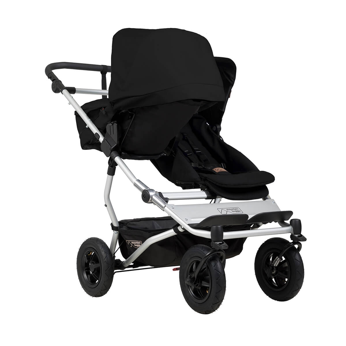 mountain buggy duet double buggy with one carrycot plus in parent facing mode three quarter view shown in color black_black