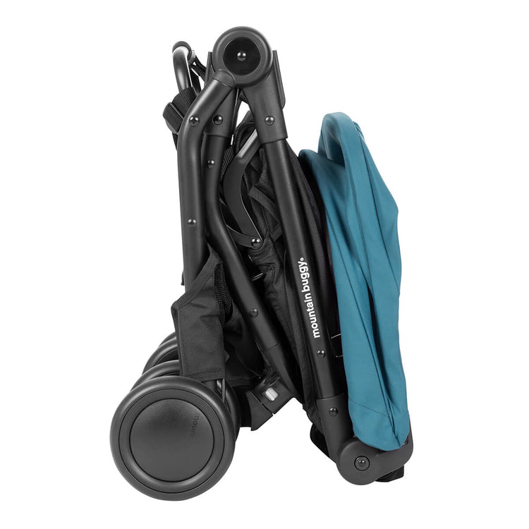 Mountain Buggy nano travel stroller folded side view_teal