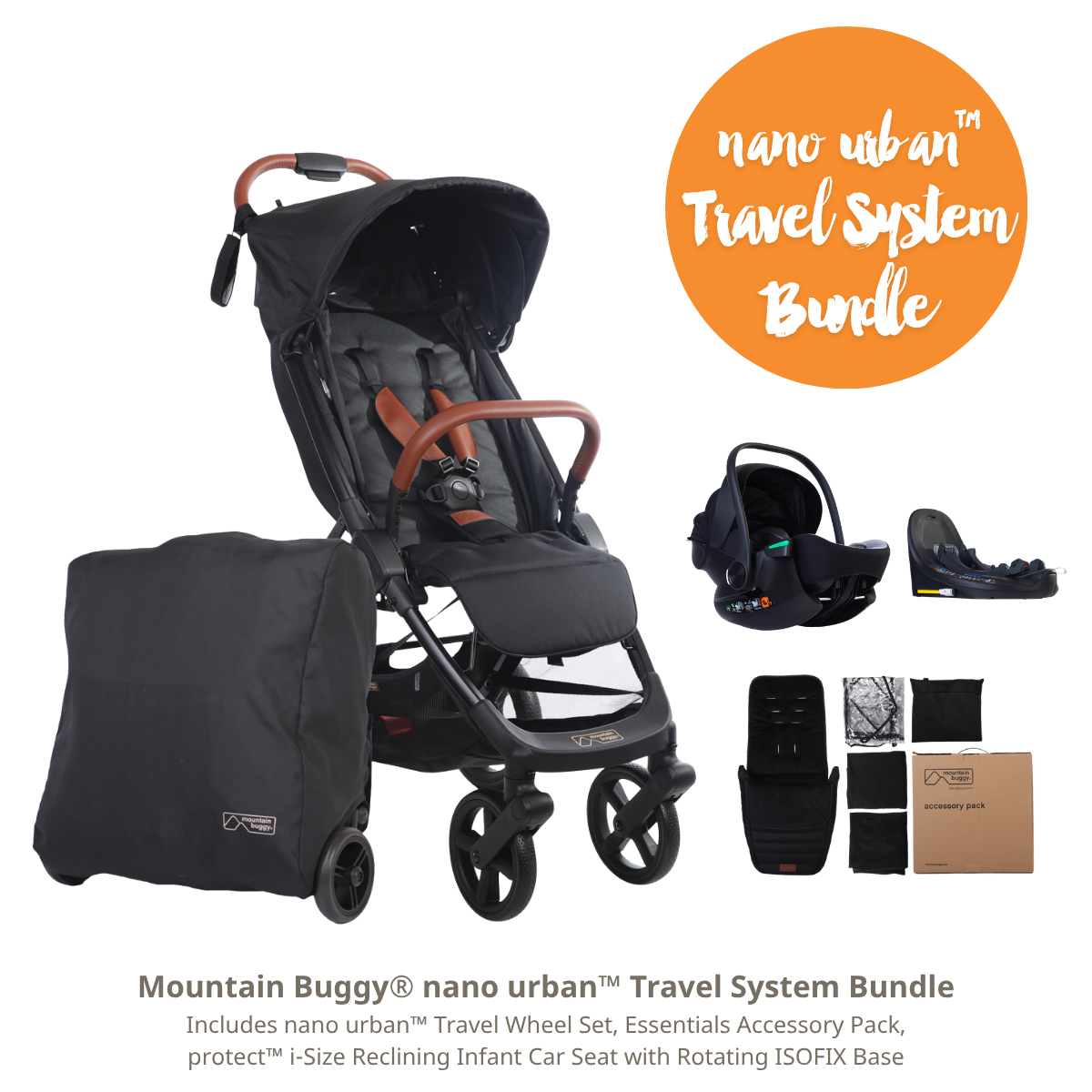 Mountain Buggy nano urban travel system bundle with stroller, car seat, and accessories on a white background.