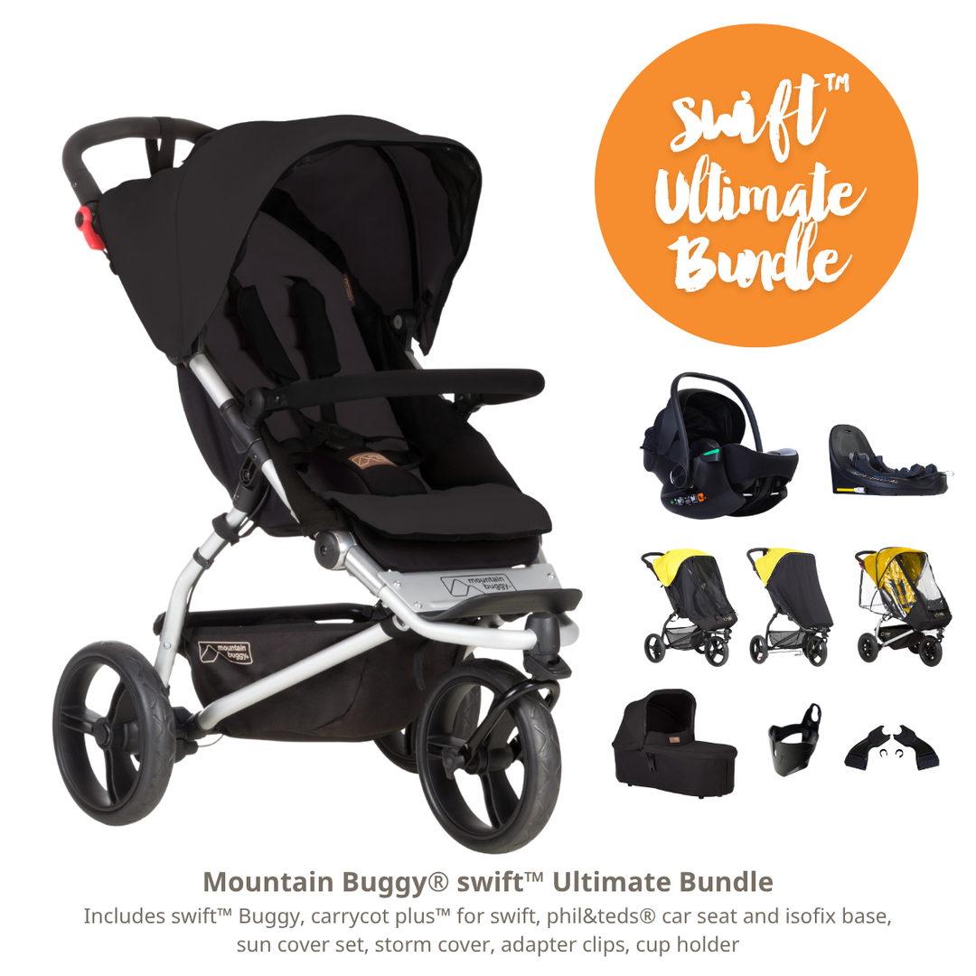 Mountain Buggy swift Ultimate Bundle with stroller, car seat, and accessories on a white background