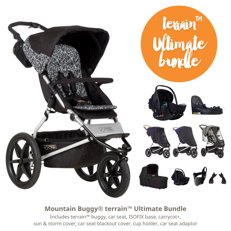 Mountain Buggy terrain Ultimate Bundle with stroller, car seat, and accessories on a white background.