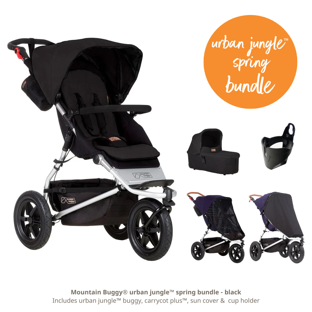 Mountain Buggy urban jungle pram bundle in black with carryot plus bassinet cup holder and sun mesh cover set