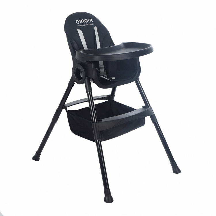 GIF of ORIGIN Manuka Highchair adjustable baby highchair with tray, harness and padded seat in black showing tray options
