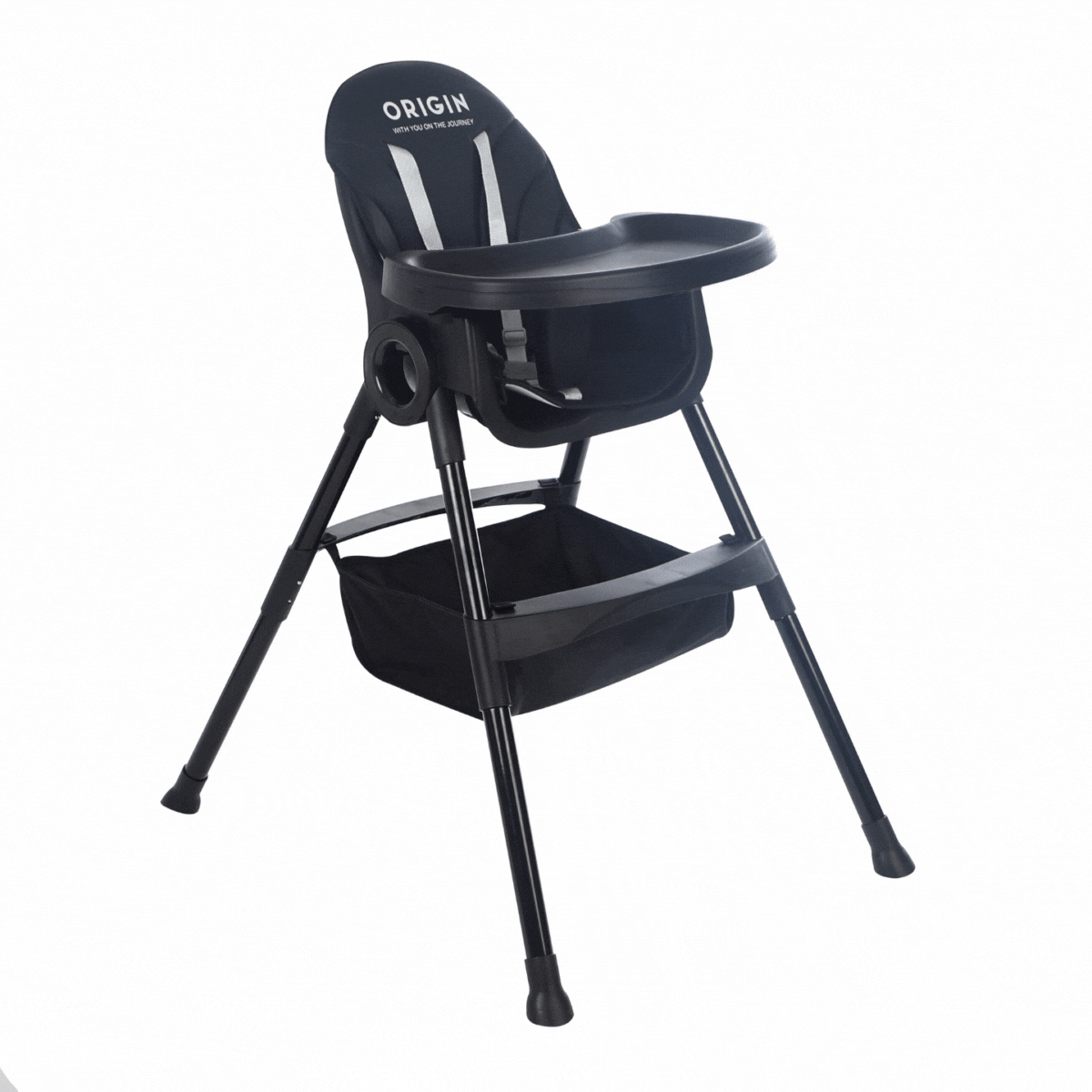 GIF of ORIGIN Manuka Highchair adjustable baby highchair with tray, harness and padded seat in black showing tray options