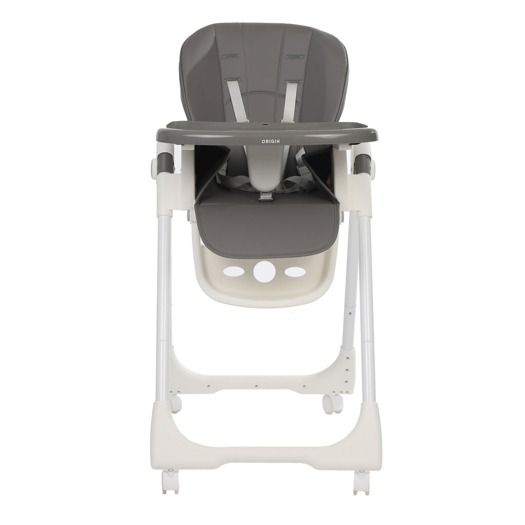 ORIGIN Marigold highchair front view full height with tray attached on white background