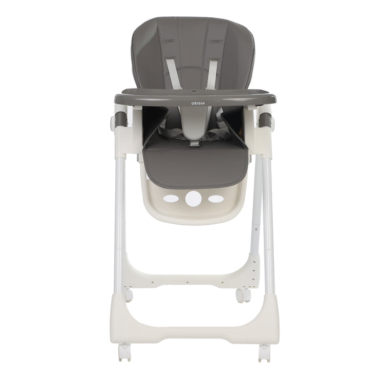 ORIGIN Marigold highchair front view full height with tray attached on white background
