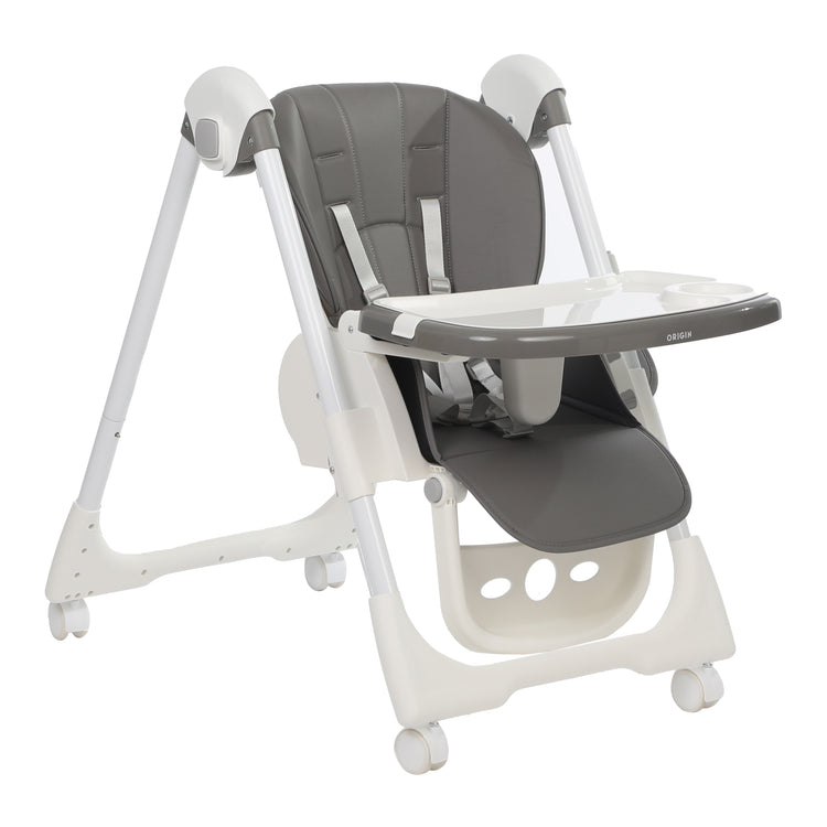 ORIGIN Marigold highchair front view low height with tray attached on white background